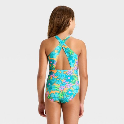 Детские купальники Cat & Jack Girls' Floral One Piece Swimsuit - Cat & Jack™ Orange/Teal/Lime M — фото 2
