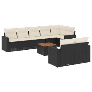 vidaXL 9 Piece Patio Sofa Set with Cushions Black and Cream - Table + 5x Corner + 3x Middle - 1 of 4