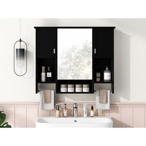 CAVINAS 35"x28" Modern Wall Mounted Bathroom Storage Cabinet with Mirror,Bathroom Wall Medicine Cabinet with Doors,Shelves & Towel Bars,Black - 1 of 4