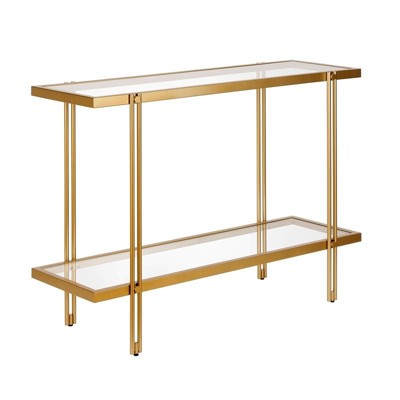Modern Brass Finish Metal Console Table with Glass Shelf