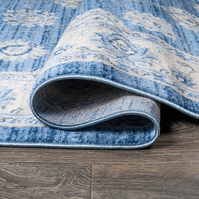 Elegant Vintage Floral 5' Square Blue and Cream Synthetic Area Rug