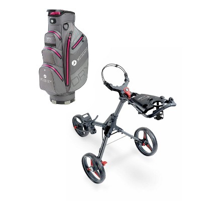 Motocaddy Cube 3 Wheel Lightweight Foldable Golf Push Caddy with Dry Series Lightweight Nylon Travel Carrying Golf Club Cart Bag, Fuchsia