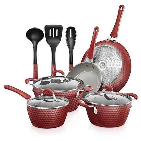 Nutrichef Metallic Nonstick Ceramic Cooking Kitchen Cookware Pots And Pans  With Lids, Utensils, And Cool Touch Handle Grips, 11 Piece Set, Red : Target