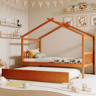 Twin Size Wooden House Bed with Twin Size Trundle for Kids or Teens Bedroom