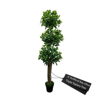 Cypress & Alabaster | Handmade 6' Artificial Bay Olive Triple Topiary Tree In Home Basics Plastic Pot Made With Real Wood And Moss Accents