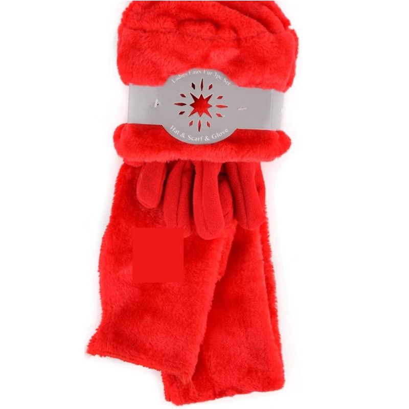 Women's Plush Faux Fur and Fleece Gloves Scarf Hat 3 Piece Winter Set, 1 of 6