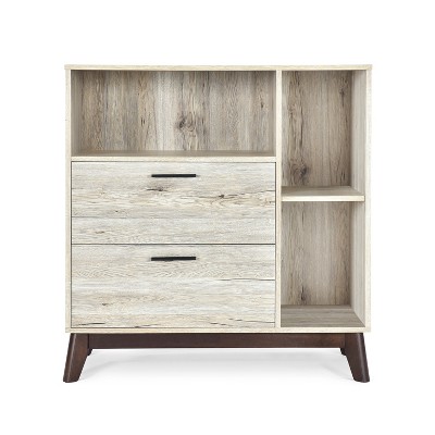 Vynxaria Mid-Century Modern Cabinet - Faux Wood with Splayed Legs, Cubby Shelves & 2 Drawers,Oak
