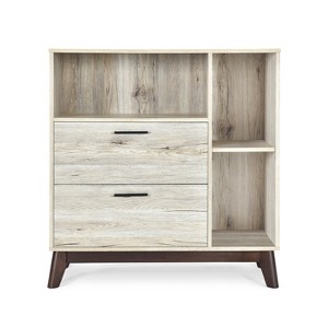 Vynxaria Mid-Century Modern Cabinet - Faux Wood with Splayed Legs, Cubby Shelves & 2 Drawers,Oak - 1 of 4