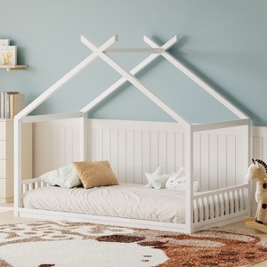 Racxily Montessori Style House Bed for Kids,Floor Bed Frame with Headboard and Footboard,Wooden Fence Bed - 1 of 4