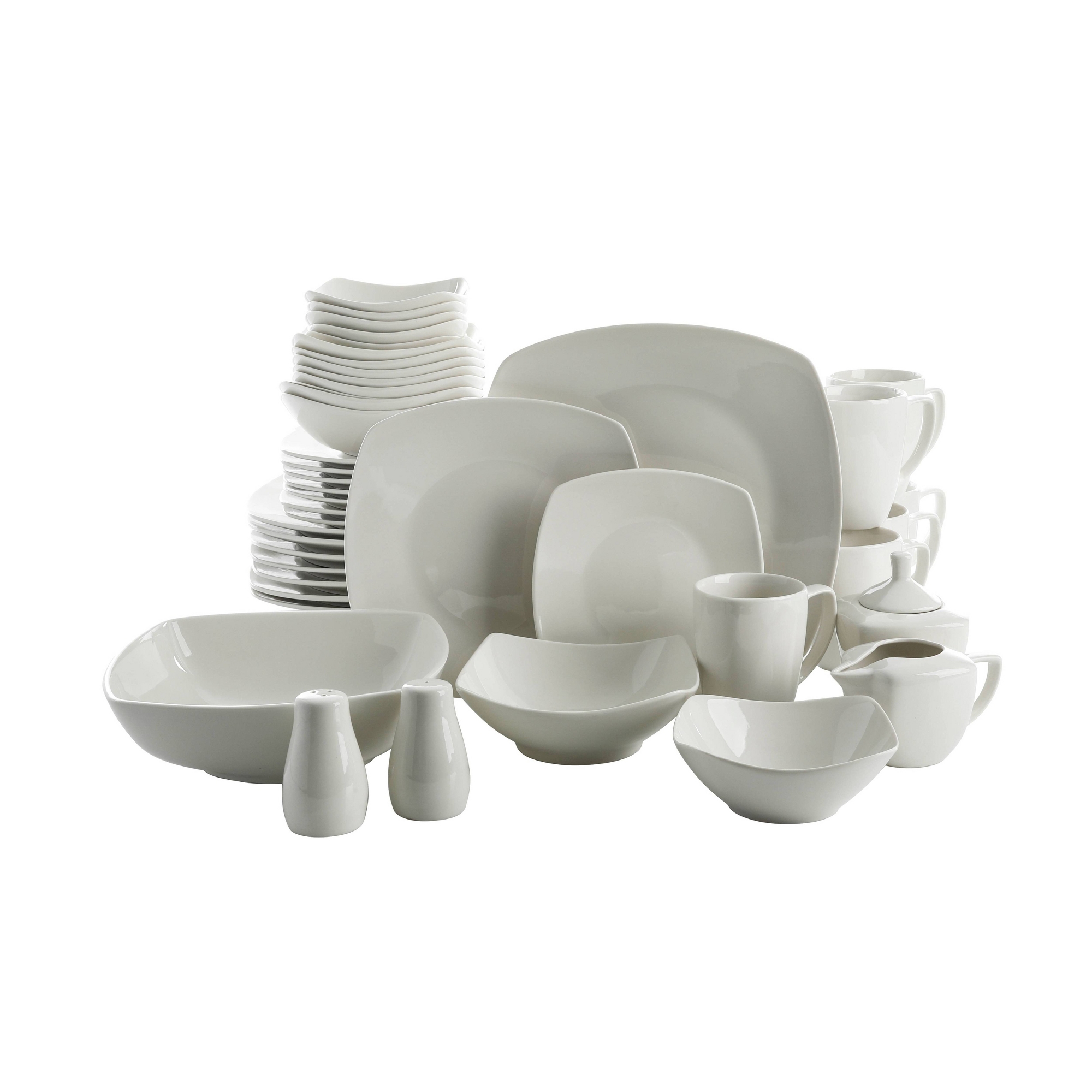Gibson Home 39pc Zen Buffet Dinnerware Set - White: Ceramic Dish Set for 6, Square Plates, Bowls, Mugs, Dishwasher & Microwave Safe
