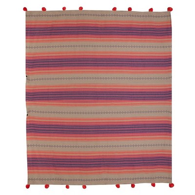 Multicolored Cotton Blend Geometric Pom Pom Throw Blanket