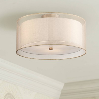 Antique Brass Double Drum Modern Ceiling Light with Champagne Organza Shade
