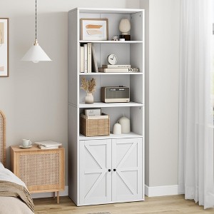 Bookcase with Doors Farmhouse Bookshelf 11.8in Depth Wooden Display Storage Shelves 71.4in Tall Bookcases - 1 of 4