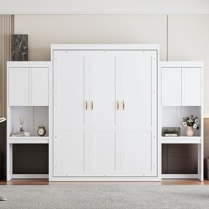KIGFTSOD Queen Size Murphy Bed with Desk, Vanity and Cabinets, White - 1 of 4