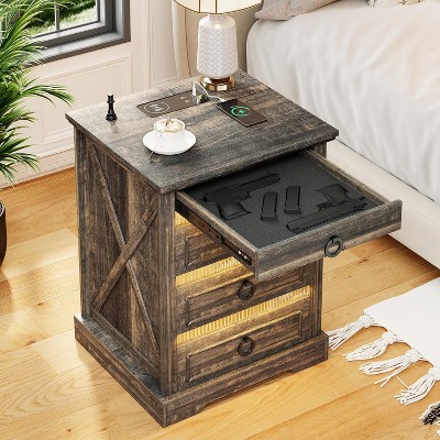 Fredees Rustic Nightstand with Gun Drawer, End Table with Charging Station, LED Bedside Table with Human Sensor Light.