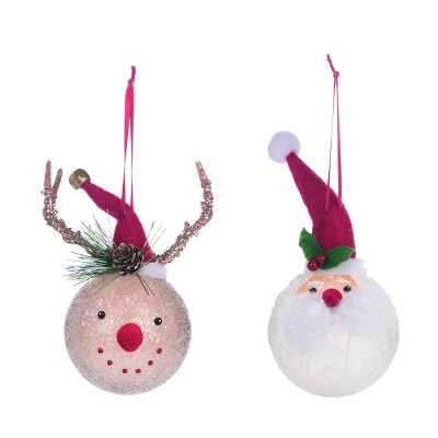 Transpac Glass Santa/Reindeer Head Ornament Set of 2 Christmas Home Decorations