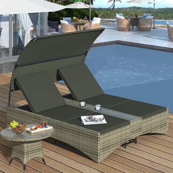 Outdoor Rattan Sun Lounger, Patio Double Daybed with Shelter Roof with Adjustable Backrest, Storage Box and 2 Cup Holders, 4A -ModernLuxe