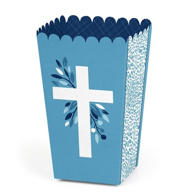 Big Dot of Happiness Blue Elegant Cross - Boy Religious Party Favor Popcorn Treat Boxes - Set of 12