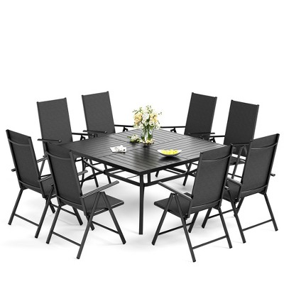 Captiva Designs 9pc Spacious Slat-top Square Metal Table with Umbrella Hole & Reclining Foldable Sling Chairs
