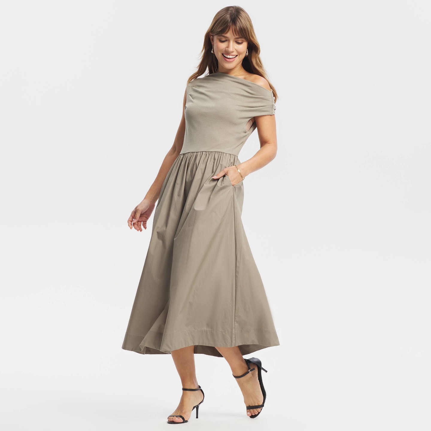 Женское платье A New Day Fabric Mixed Midi A-Line, цвет: Бежевый — фото 3