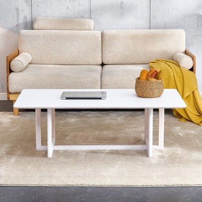 Wood Coffee Table, Chinese Style Solid Wood Imitation Rattan Rectangular Low Table, Multi-functional End Table Dining Table,white