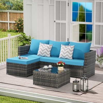 2 Piece Outdoor Woven Sectional L-Shaped Patio Furniture Set with Ottoman and Detachable Lounger Table Perfect for Backyard Poolside Conversation