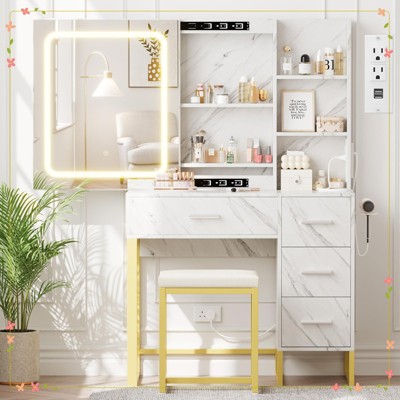 Makeup Vanity Set with 4 Drawers, Storage Shelves, Cushioned Stool for Bedroom