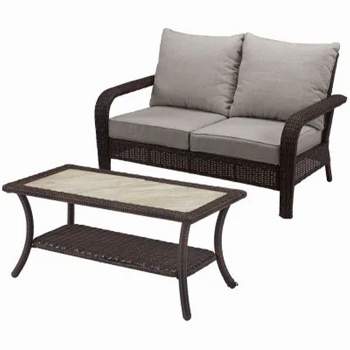 Four Seasons Courtyard Montego Bay Patio Cushioned Loveseat and Rectangular Coffee Table Outdoor Backyard Wicker Furniture Set, Ivory/Brown