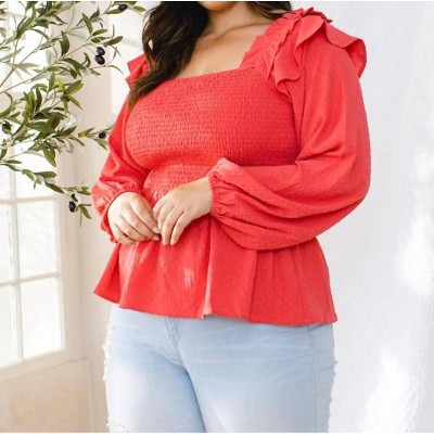 Women's Textured Dot Fabric Ruffle Smocked Blouse - Plus - Oddi