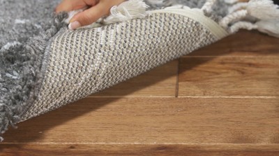 Ivory and Grey Synthetic Shag Area Rug with Fringe, 5'3" x 7'6"
