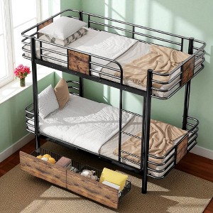 Twin XL Over Twin XL Metal Bunk Bed with MDF Guardrails, Built-In Ladder, and 2 Storage Drawers, Industrial Style - 1 of 4