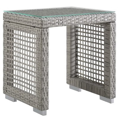 Modway Aura Outdoor Side Table – Gray Wicker Rattan Patio Table with Glass Top and Modern Profile
