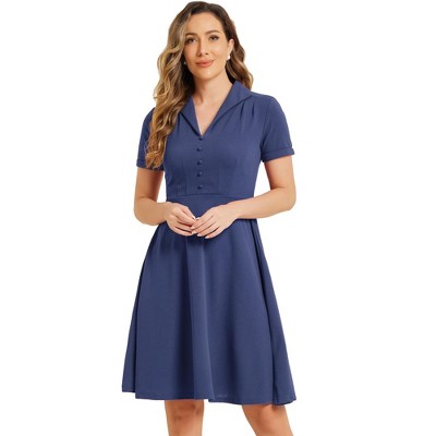 INSPIRE CHIC Women's Vintage Flat Collar V Neck Short Sleeve Belted 1950s Flare Dress