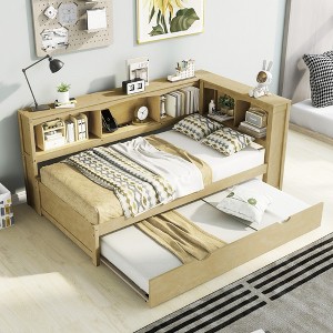 TIRAMISUBEST Twin Size Daybed with Twin Size Trundle, Storage Cabinets and USB Ports, Wooden Daybed Frame Sofa Bed with L-shaped Bookcase Headboard - 1 of 4
