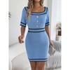 Coolmee Women Elegant Formal Smocked Square Neck Button Knit Short Sleeve Bodycon Mini Dress - 4 of 4