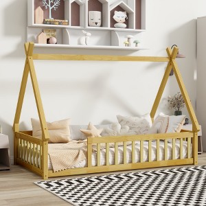 KWPZQEB Floor Bed with Safety Guardrails for Kids, Montessori Bed with Tent-Shaped & Wood Slats, Floor Bed Frame for Girls and Boys - 1 of 4