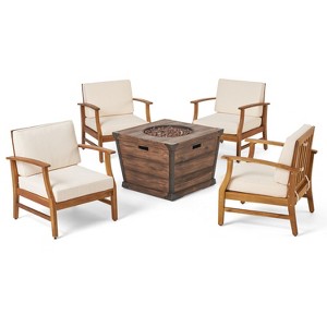 GDFStudio Belle Outdoor Acacia Wood 5 Piece Club Chair and Fire Pit Set with Cushions - 1 of 4