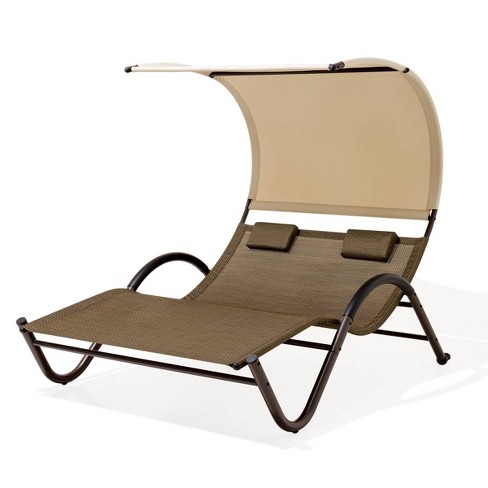 Outdoor Double Chaise Lounge With Sun Shade Brown Crestlive