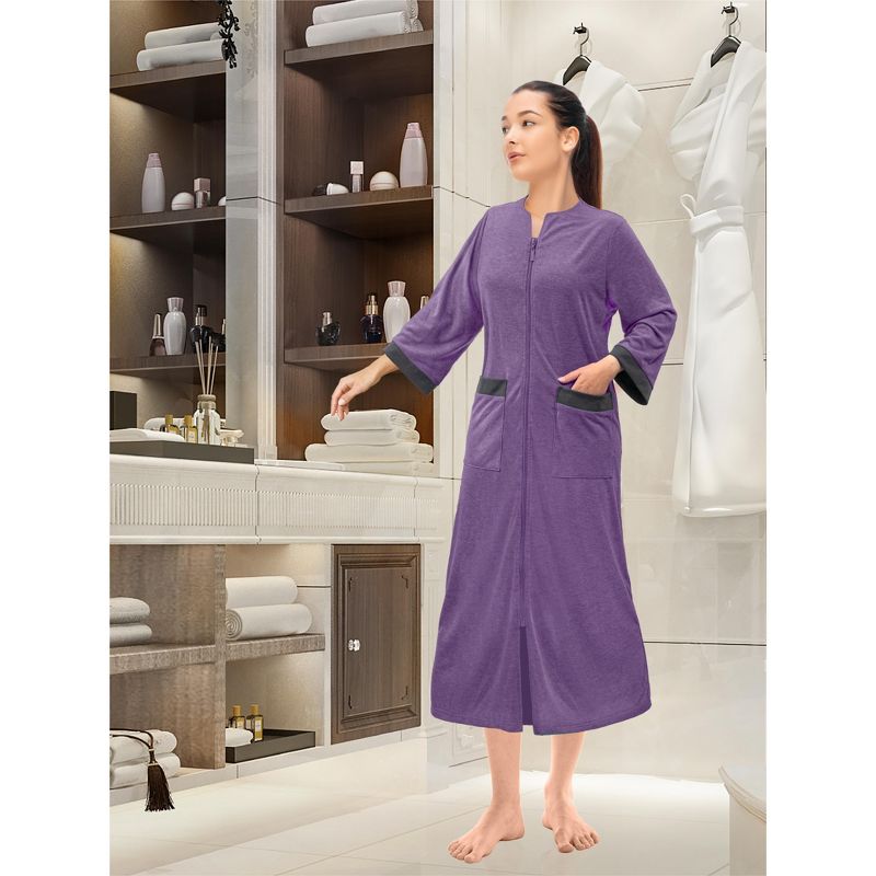 PAVILIA Women Zipper Robe, Loungewear Dress Lightweight Sleepwear Housecoat Nightgown Long Bathrobe, Jersey Robe with Pocket, 5 of 9