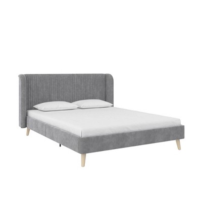 Light Gray Velvet Queen Wingback Bed with Tufted Upholstery