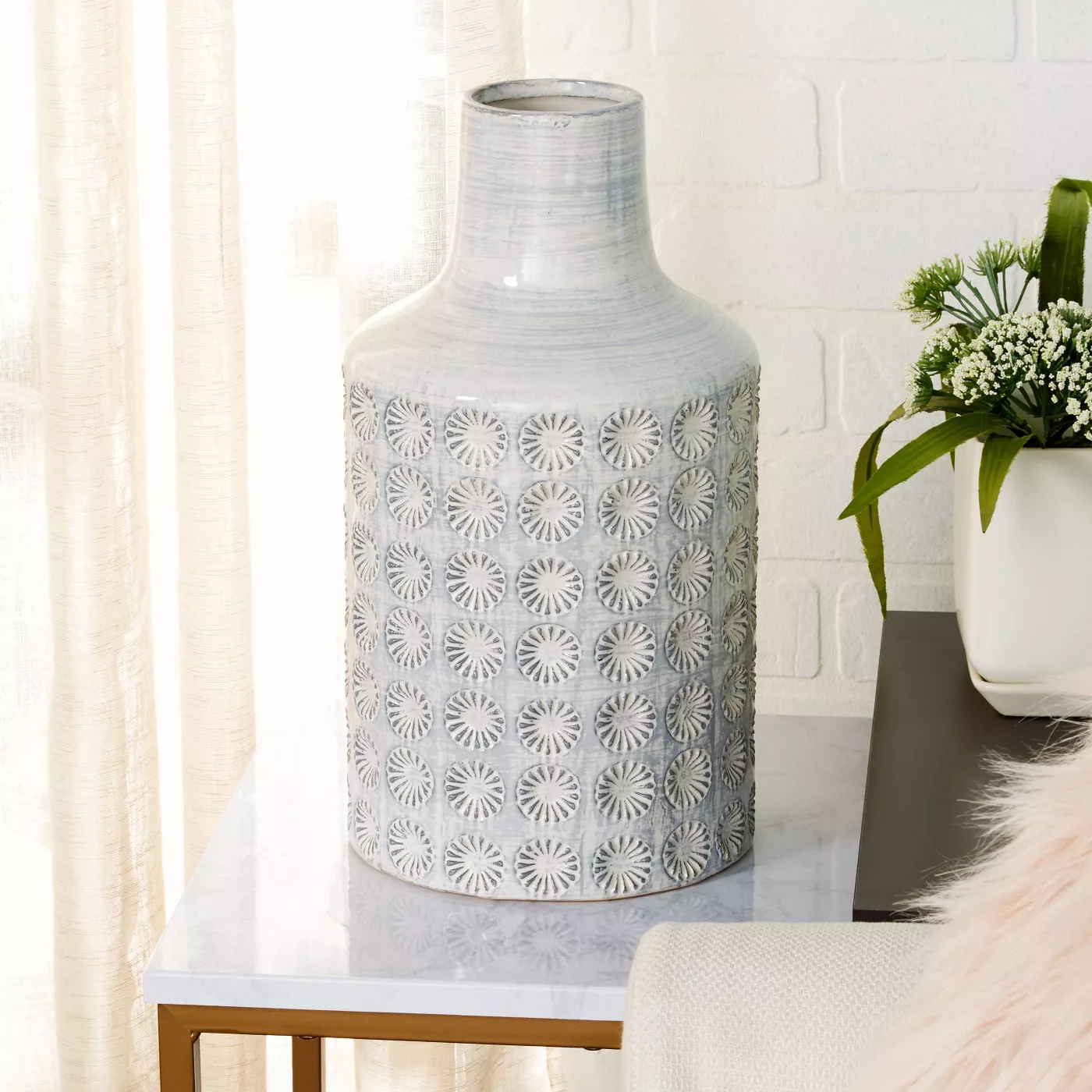 Round Ceramic Floor Vase with French Country Rosette Design Blue/White - CosmoLiving by Cosmopolitan - image 4 of 5