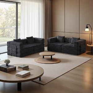 4-Seater Corduroy Fabric Folding Convertible Sofa with Side Storage & Cushions - 1 of 4