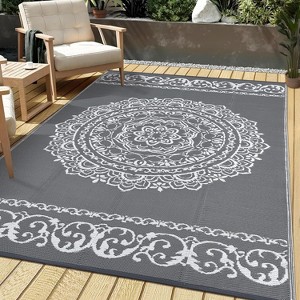 Acekool Outdoor Plastic Area Rug, Weather-Resistant, Easy Clean, Foldable Non Slip Base, Compass, Gray Blue White, Multiple Sizes - 1 of 4