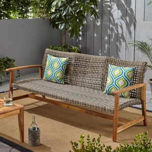 Christopher Knight Home Sewell Outdoor 85" Acacia Wood and Wicker 3 Seater Sofa - 1 of 4