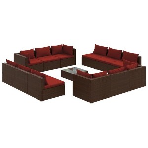 vidaXL 13 Piece Patio Lounge Set with Cushions in Poly Rattan Brown, Modular Sofa with Comfortable Cushions and Glass-Top Coffee Table - 1 of 4