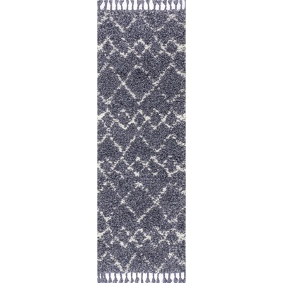 Blue/Cream Moroccan Tribal Geometric Trellis Synthetic Shag Rug
