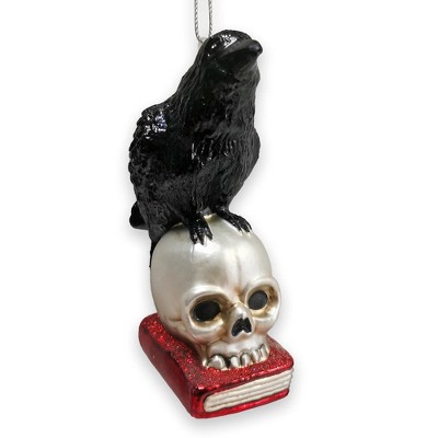 Raven on Skull and Book Glass Ornament, Horror Edgar Allan Poe Decoration| OrnamentallyYou