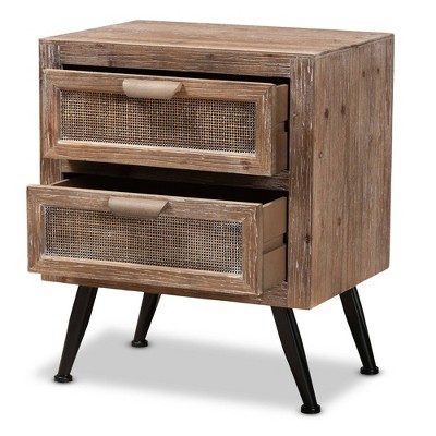 Calida Whitewashed Brown Wood and Rattan 2-Drawer Nightstand