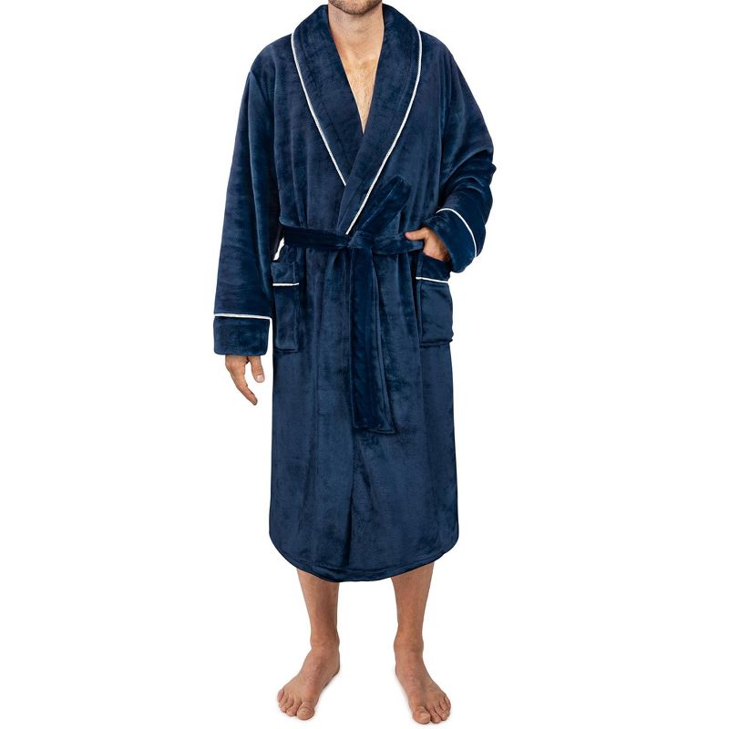 PAVILIA Mens Soft Robe, Plush Warm Bathrobe for Men, Long Spa Fleece Flannel with Shawl Collar, Pockets, Trim Piping, 1 of 8