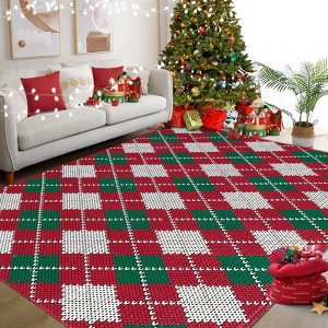 Red and Green Holiday Print Plaid Area Rug Christmas Theme Home Decor Rugs Low Pile Non Slip Carpet for Dining Room Play Room - 1 of 4